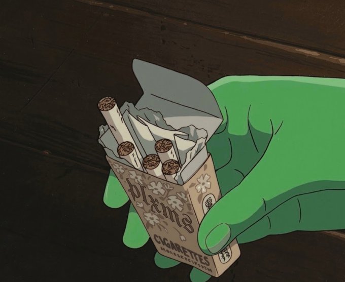 An animated illustration showing a green-skinned hand holding an open pack of 'Ol' Jim's Cigarettes' containing hand-rolled cigarettes, set against a wooden background.