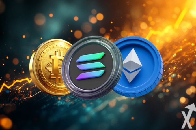 A digital illustration of three cryptocurrency coins including Bitcoin and Ethereum against an orange glowing background with an upward arrow.