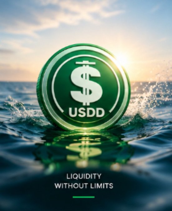 A promotional graphic features a large green coin with a dollar sign and 'USDD' text, floating above ocean waves at sunset with the tagline 'LIQUIDITY WITHOUT LIMITS'.