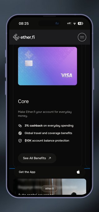 A smartphone displays the ether.fi website featuring a purple and blue gradient Visa card labeled "Core," advertising benefits including 3% cashback on everyday spending, global travel and coverage benefits, and $10K account balance protection, aligning with EtherFi's new membership launch.