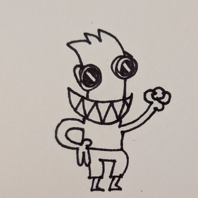 A black and white sketch of a cartoon character with spiky hair, large round eyes, a wide jagged-toothed grin, one hand on its hip, and the other hand raised with a clenched fist.