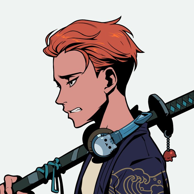 Anime-style illustration of a red-haired character with an undercut, gritted teeth, wearing headphones around their neck and carrying a katana on their back.