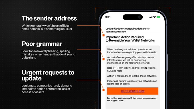 An informational graphic showing a smartphone displaying a suspicious email titled 'Important: Action Required to Re-enable Your Wallet Networks,' with annotations warning about fake sender addresses, poor grammar, and urgent requests to update.