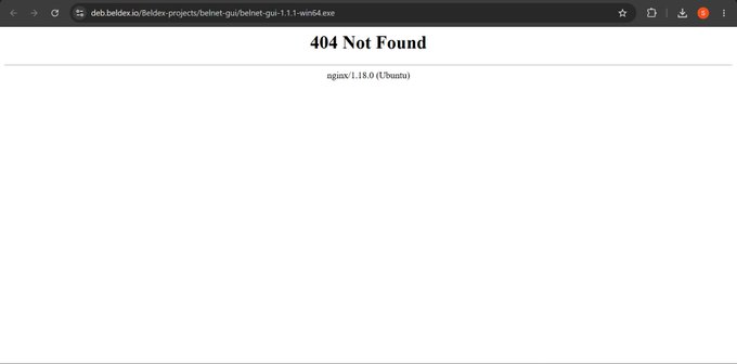 A browser screenshot showing a '404 Not Found' error page hosted by nginx/1.18.0 (Ubuntu), with the URL 'deb.belldex.io/belldex-projects/bschnet-gui/bschnet-gui-1.1.1-win64.exe' visible in the address bar.