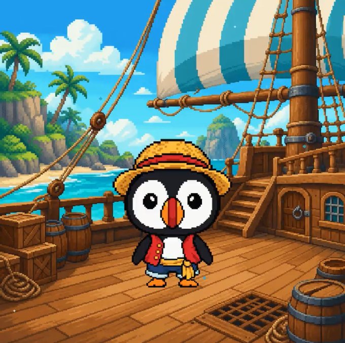 A pixel art illustration of a penguin character wearing a straw hat and red vest, standing on the deck of a wooden pirate ship with palm trees, blue ocean, and cliffs visible in the tropical background.