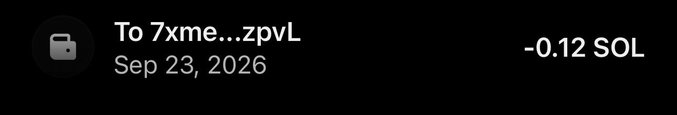 A blockchain wallet transaction showing a transfer of -0.12 SOL from address "To 7xme...zpvL" dated September 23, 2026, likely depicting a small SOL transfer to celebrate with @junglesol2.