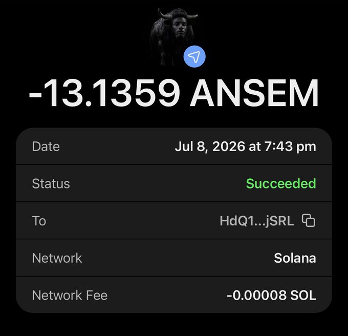 A Solana wallet transaction screenshot showing a successful send of -13.1359 ANSEM tokens dated July 8, 2026, with a network fee of 0.00008 SOL, supporting the post's message about receiving an unexpected $ANSEM airdrop.