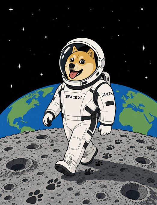 A cheerful Shiba Inu dog wearing a SpaceX spacesuit walks across the moon's surface with Earth and a starry sky in the background, leaving paw prints behind. The image playfully ties into the "making history" caption by depicting the meme-inspired dog as a pioneering astronaut celebrating a milestone, while emphasizing the "100% of creator rewards go to holders" message as part of the project's community-driven achievement.