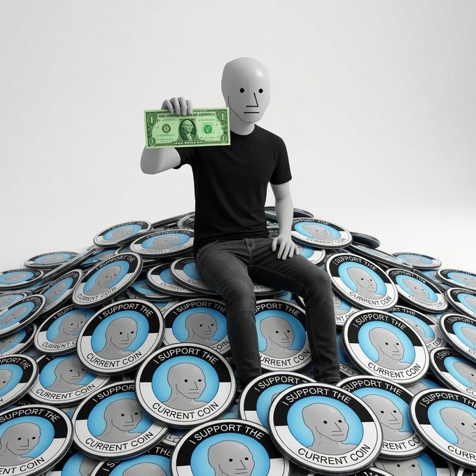 A 3D-rendered figure with a smooth, featureless face holding a one-dollar bill while sitting on a pile of coins that say 'I SUPPORT THE CURRENT COIN'.