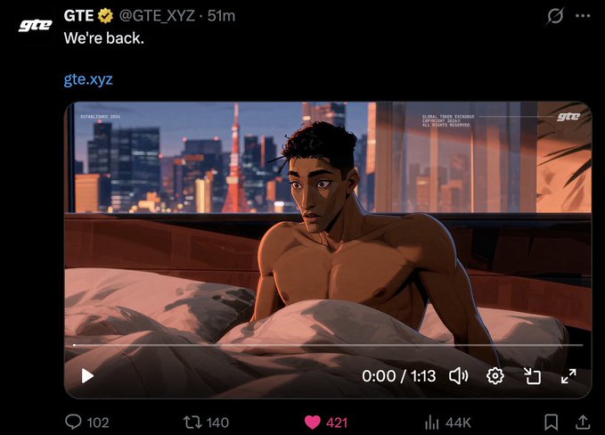 A Twitter/X post from GTE @GTE_XYZ with the text "We're back." featuring a video thumbnail of an animated man in bed with a Tokyo cityscape at night, credited to GTE.