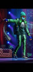 A neon-lit green character figure with glowing blue accents stands in a dynamic pose against a dark background with vertical light strips.
