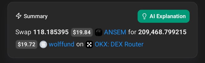 A summary card details a swap of 118.185395 USDC ($19.84) for 209,468,799215 ANSEM ($19.72) via wolfund on OKX: DEX Router, suggesting an ANSEM holder actively trading their token for profit or liquidity.
