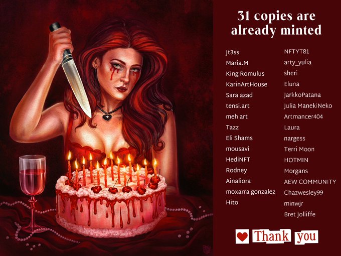 An artwork featuring a red-haired woman holding a knife over a birthday cake is displayed alongside text stating '31 copies are already minted', a list of names, and 'Thank you'.