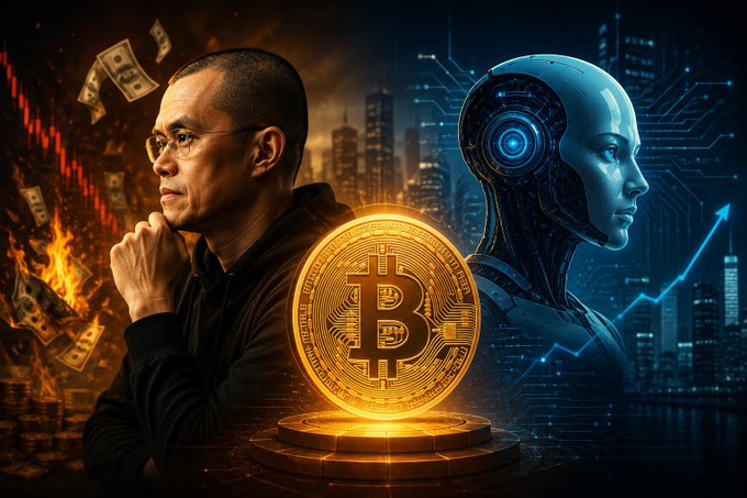 An AI-generated image depicting a man in thoughtful pose facing a blue robotic female AI head, separated by a glowing Bitcoin coin with a city skyline and rising arrow in the background.