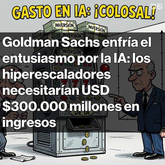 A cartoon illustration depicting two businessmen looking at a slot machine stuffed with "INVERSIÓN" (investment) money. The text reads: "GASTO EN IA: ¡COLOSAL! Goldman Sachs enfría el entusiasmo por la IA: los hiperescaladores necesitarían USD $300.000 millones en ingresos."