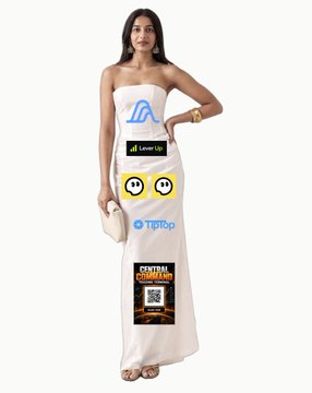 A woman models a long white dress featuring logos and text for LeverUp, Tyop, Central Exchange, and a yellow smiley face, visually celebrating LeverUp's "Semi Mega Spot" achievement highlighted in the accompanying post.