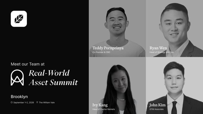 The image is a promotional graphic featuring black-and-white headshots of four Plume team members—Teddy Pornprinya (Co-Founder & CSO), Ryan Wen (Head of Strategic BD), Ivy Kang (Head of Digital Markets), and John Kim (GTM Associate)—alongside text announcing the team's presence at the Real-World Asset Summit in Brooklyn on September 1-2, 2026, at The William Vale. The accompanying post confirms Plume's representation of its 195,000+ RWA holders at the event.