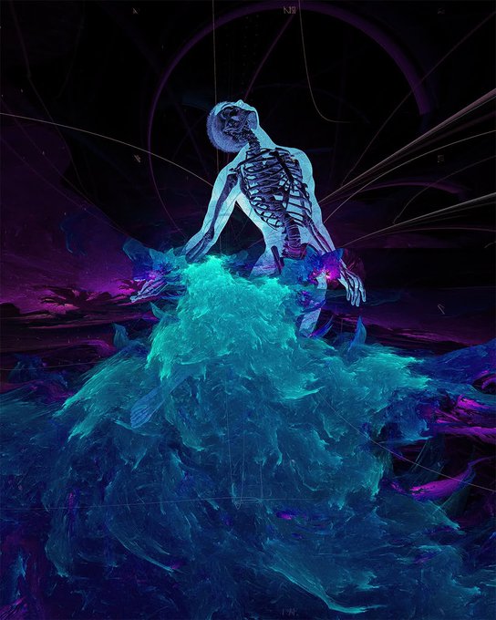The image features a skeleton with blue and purple hues, standing against a black background that appears to be a computer-generated image or an abstract painting. The skeleton's arms are outstretched towards the sky, creating a sense of movement and dynamism in the scene. The text "Gm Fam." is present within the image, which could potentially be related to the artist or the subject matter being depicted.
