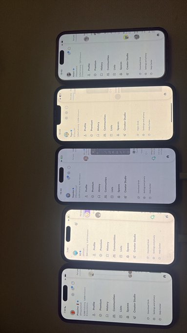 The image shows five smartphones arranged side by side, all displaying what appears to be the same messaging or chat interface with options like "Profile," "Privacy," "History," "Commentary," "Lists," "Spaces," and "Creator Studio" visible. The repetition of identical screens suggests the poster may be showcasing multiple devices or accounts they manage, possibly related to their mention of "calling some early alphas in my community" and engaging across various platforms.