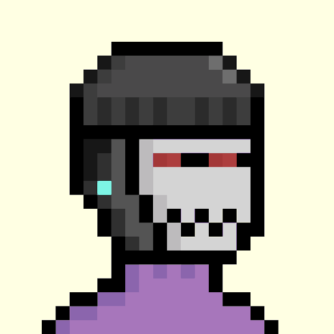 Pixel art portrait of a character with dark hair, red eyes, and skull-like face wearing a purple shirt on a cream background.