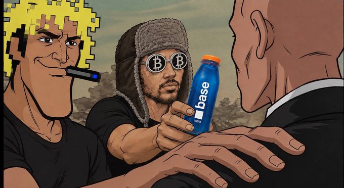 An illustrated scene featuring a man with spiky blond hair and a cigar beside a man wearing Bitcoin-logo sunglasses and an aviator hat, who is offering a blue 'base' branded bottle to another figure.