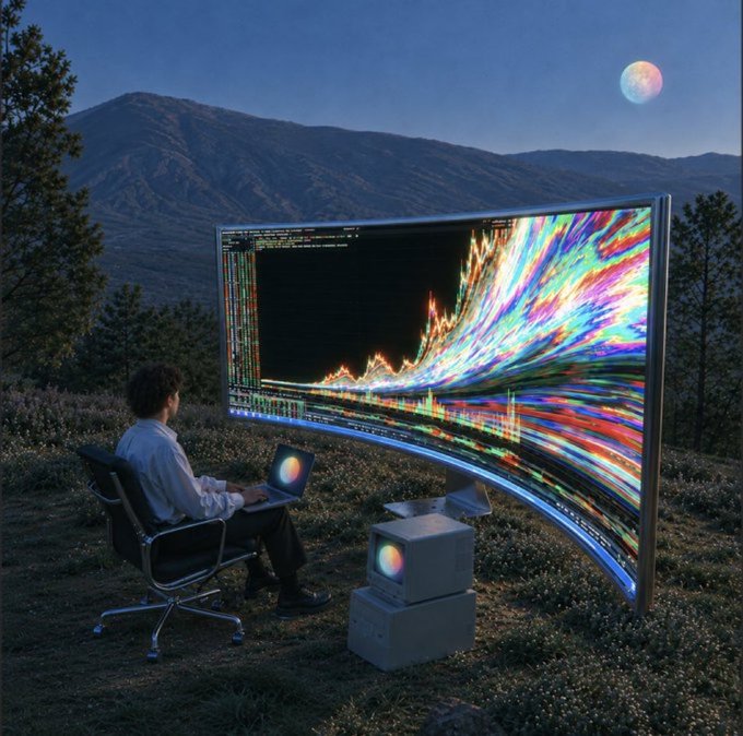A surreal digital artwork depicting a person sitting in an office chair outdoors at night, viewing colorful psychedelic data visualizations on a massive curved monitor, with a retro computer beside them and a moon in the sky.