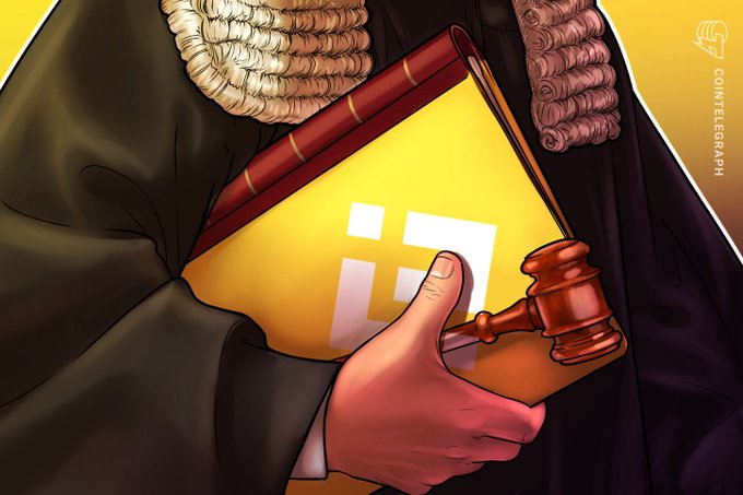 An illustration of a judge in a powdered wig holding a gavel, with a yellow folder displaying the Binance logo prominently. The Cointelegraph logo is visible in the corner.