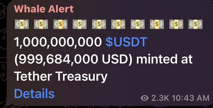 The image is a "Whale Alert" notification showing that 1,000,000,000 $USDT (999,684,000 USD) was minted at the Tether Treasury. This corresponds to the post about $1 billion in USDT liquidity being issued on the Tron network.