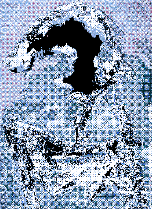 A stylized, low-resolution portrait of a young woman with curly hair wearing overalls, rendered in a pixelated, blue-tinted glitch art aesthetic reminiscent of a corrupted digital image.