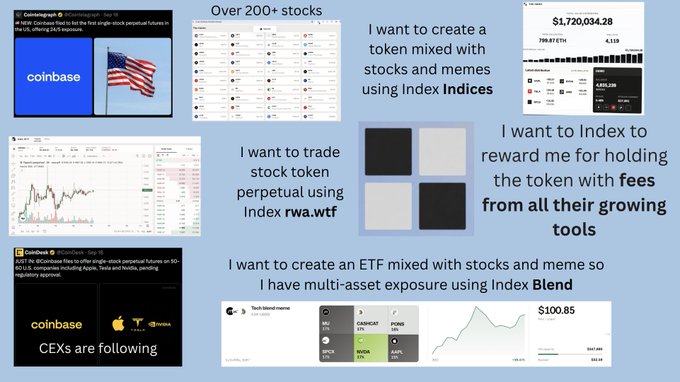 A collage of social media posts and screenshots discussing cryptocurrency concepts like tokenizing stocks and memecoins, mentioning platforms like Index Indices, Coinbase, and Robinhood.