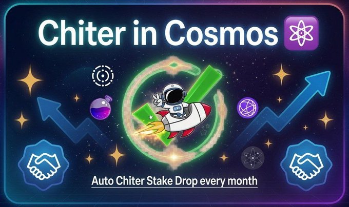 A promotional graphic titled 'Chiter in Cosmos' featuring a cartoon astronaut on a rocket, with text reading 'Auto Chiter Stake Drop every month' against a space-themed background.