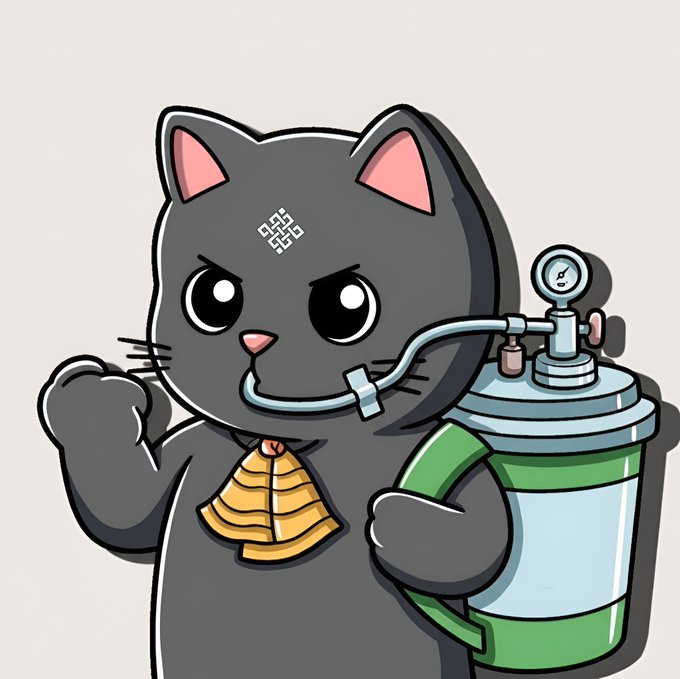 A determined cartoon black cat with a stern expression wears a breathing apparatus connected to a pressure tank, and has an "X" scar on its forehead along with a gold bell collar. The image visually embodies the post's message of perseverance, depicting Siggy's relentless journey with @ritualnet and @ritualfnd—pushing beyond limits behind every breath.