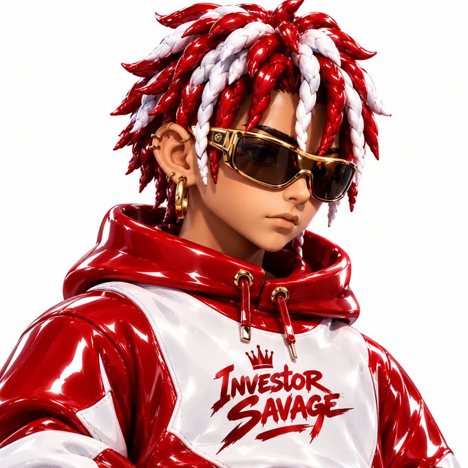 A 3D-rendered character with red and white dreadlocks, gold earrings, sunglasses, and a red and white hoodie featuring 'Investor Savage' branding.