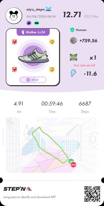A STEP'N app receipt from user 'qiyu_stepn' dated 04/08/2026, displaying a Walker Lv24 sneaker, earnings of +759.56 GST, and activity stats of 4.91 km, 00:59:46 time, and 6687 steps.