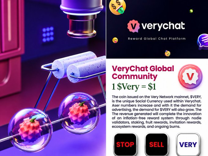 The image is a promotional graphic for VeryChat, a Web3 messaging platform, featuring futuristic purple-lit 3D-rendered spheres and spools alongside the "verychat" logo and text reading "Reward Global Chat Platform" and "VeryChat Global Community, 1$Very = $1." It highlights VeryChat's unique blend of social messaging and crypto rewards via its native $VERY token, reinforcing the post's message about in-app mining and community-owned Very Chain infrastructure that transforms chatting into a value-generating activity.