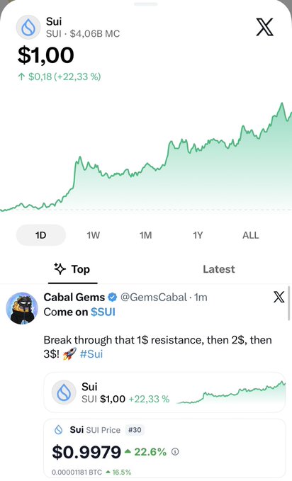 A mobile crypto tracker app showing SUI at $1.00 (+22.33%), with an upward-trending price chart and a tweet from @GemsCabal reading 'Come on $SUI - Break through that 1$ resistance, then 2$, then 3$!'
