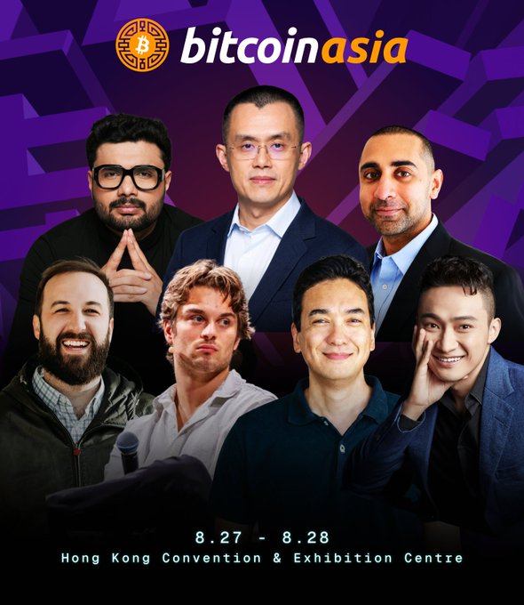 A Bitcoin Asia event poster features a collage of seven speakers, including a likeness of Jack Ma, promoting the event on 8.27 - 8.28 at the Hong Kong Convention & Exhibition Centre.