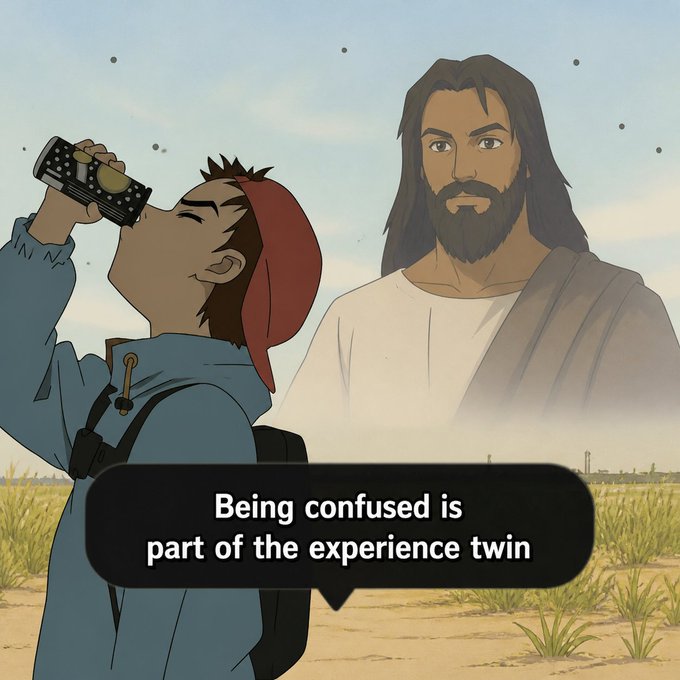 An anime-style illustration shows a young person in a blue jacket and red cap drinking from a patterned bottle, while a bearded, robed figure resembling Jesus stands calmly behind them in a grassy field. A speech bubble reads, "Being confused is part of the experience twin," playfully reinforcing the post's "Lock in twin" message by using divine reassurance to encourage perseverance through uncertainty.