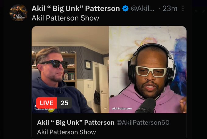 The image shows a screenshot of a tweet from "Akil 'Big Unk' Patterson" (@Akil...) featuring a live interview video still from the "Akil Patterson Show," with one man in sunglasses on the left side and another man wearing headphones and white-framed glasses on the right side, labeled as Akil Patterson. The accompanying post promotes this interview with Akil and David Gokhshtein, tying into the live episode featured in the image.