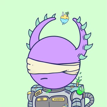 An illustration of a purple alien-like character with horns, a blindfold, and mechanical armor details set against a solid green background.