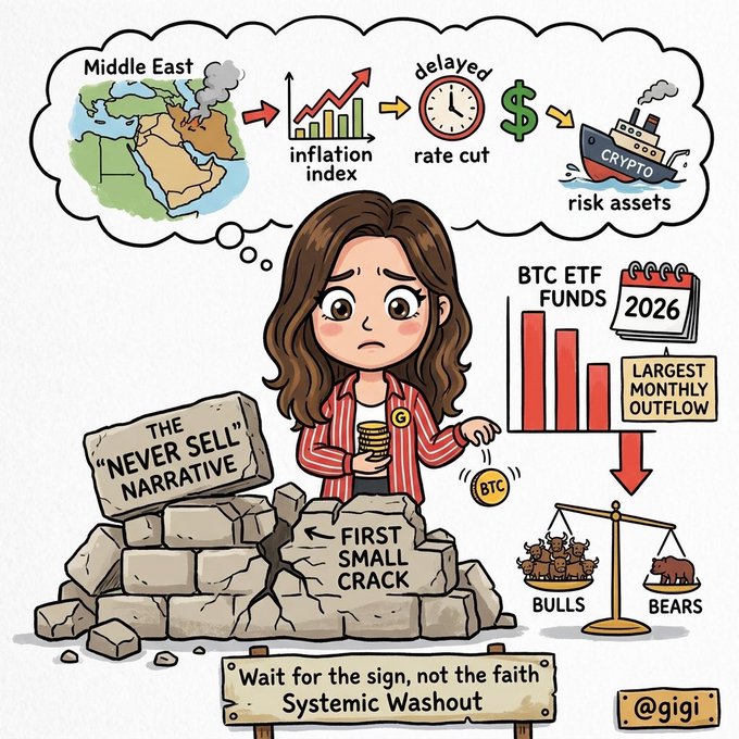 The image shows a cartoon woman sitting next to a pile of rocks, with her head above them, holding a coin. A speech bubble above her reads "The signal most worth taking seriously isn'", suggesting that she is discussing a strategy for investing in cryptocurrency. In the background, there are symbols representing different types of risk assets and graphs indicating changes over time. The scene conveys an economic message about being cautious with investments, especially when it comes to speculative stocks like bitcoin.