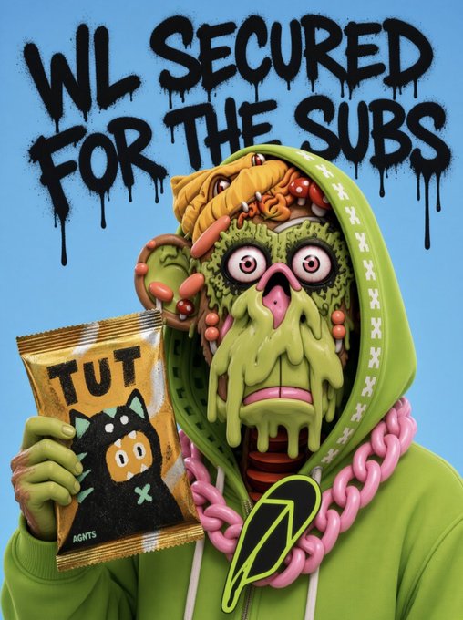 A grotesque, melting green zombie-like figure wearing a pink chain and green hoodie holds a bag of "TUT" snacks featuring the AGNTS cat logo, with graffiti-style text at the top reading "WL SECURED FOR THE SUBS." The vibrant artwork aligns with the announcement of a whitelist secured for subscribers in relation to the @Tuteth_ AGNTS PFP NFT collection drop.