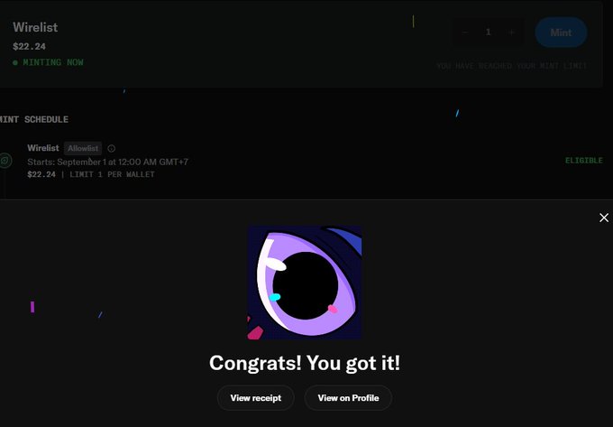 A dark-themed NFT minting interface showing a 'Wirelist' at $22.24 with 'MINTING NOW' status, displaying a popup that reads 'Congrats! You got it!' with an abstract eye graphic.