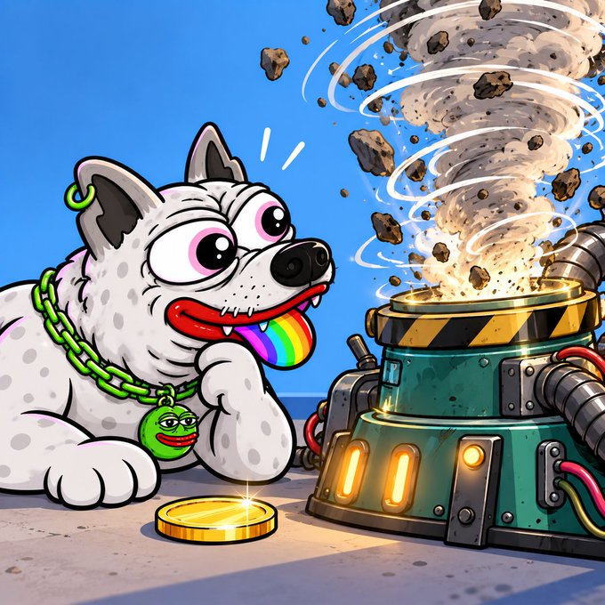 A cartoon illustration shows a white spotted dog with a rainbow tongue licking a gold coin, wearing a green chain with a Pepe the Frog medallion, while a machine to the right generates a small tornado with flying debris.