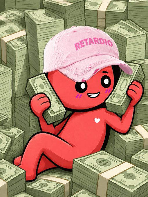 A cute red character wearing a pink "RETARDIO" cap sits among stacks of cash while holding money bundles. The image, paired with a post asking for a SOL address, suggests the user is using a humorous "retardio" branding to promote a cryptocurrency tipping request.