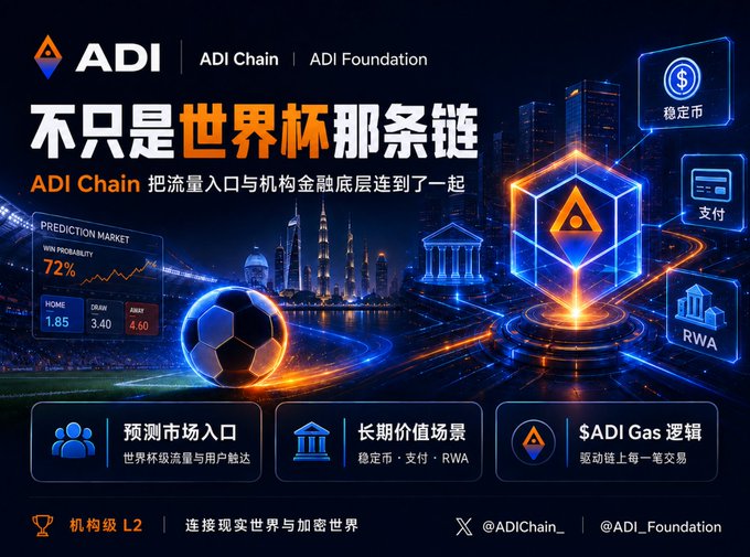 A promotional banner for 'ADI Chain / ADI Foundation' with Chinese text '不只是世界杯那条链' (Not just the World Cup chain), showing a soccer ball and features like prediction markets, stablecoins, and RWA.