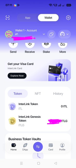 The image shows a smartphone screenshot of the ITLX Wallet app, displaying a verified "Wallet 1 - Account #1" holding 0 InterLink Token (ITL) and a redacted amount of InterLink Genesis Token (ITLG). It illustrates the user's successful receipt of their verified ITLG tokens, as referenced in the accompanying post celebrating the achievement.