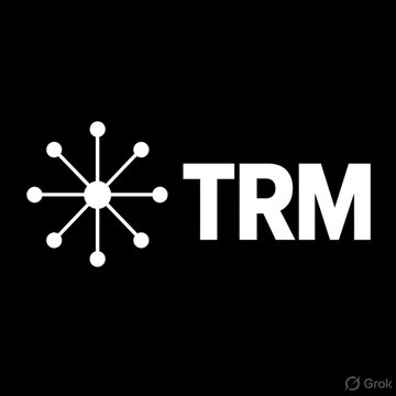 The image displays the TRM Labs logo on a black background, featuring a white network/snowflake-style icon with radiating dots connected to a central node, alongside the bold white text "TRM." This visual corresponds to the post about blockchain analytics firm TRM Labs raising a Series C extension at a $2 billion valuation, with the logo representing the company at the center of the funding news.