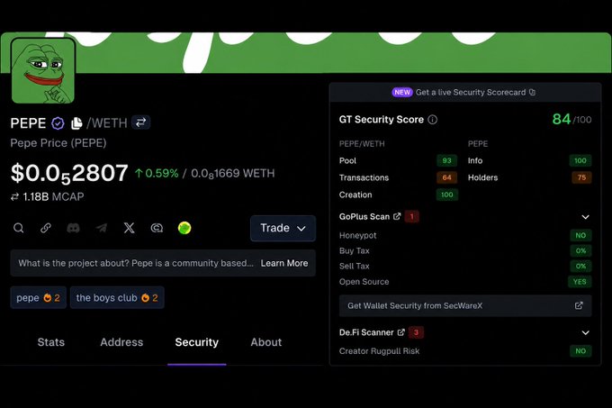 The image features a computer screen with various tabs open, which appear to be related to a security or token inspection process. On one of these tabs, there's a post titled "used to open multiple tabs every time I wanted to check a token properly". Another tab in the same window displays information about the GT Security Score and how it can be used by Pepe.