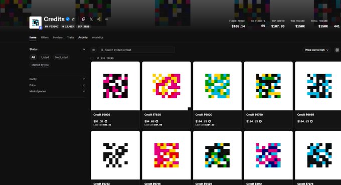Screenshot of a crypto or NFT marketplace interface labeled 'Credits' displaying a grid of pixelated avatar collectibles in various color schemes, each tagged with credit amounts like 'Credit #6929.'